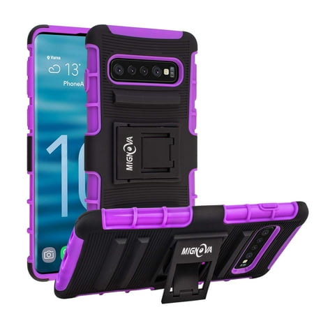 Samsung Galaxy S10 Plus Case, Mignova Rugged Plastic Heavy Armor Holster Guard Body Cover with Stand and Belt Rotating Clip for Samsung Galaxy S10 Plus 6.4 inch (Black/Purple)
