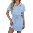 thumbnail image 2 of Ovzne Robes d'Été pour Femmes Robe d'Été Aguichant Mode Couleur Unie Bouton Cravate Manches Courtes Col Rabattu Robe d'Été Manches Courtes Liquidation, 2 of 7