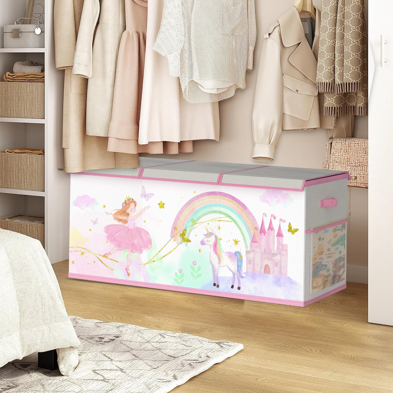 Extra Large Toy Storage Box for Girls Boys - Collapsible Toy Chest Organiser for Kids,Toy Bin Container with Lid for Clothes,Blanket,Nursery,Playroom,Bedroom,Stuffed Animals,Quilt(Beige&Purple)