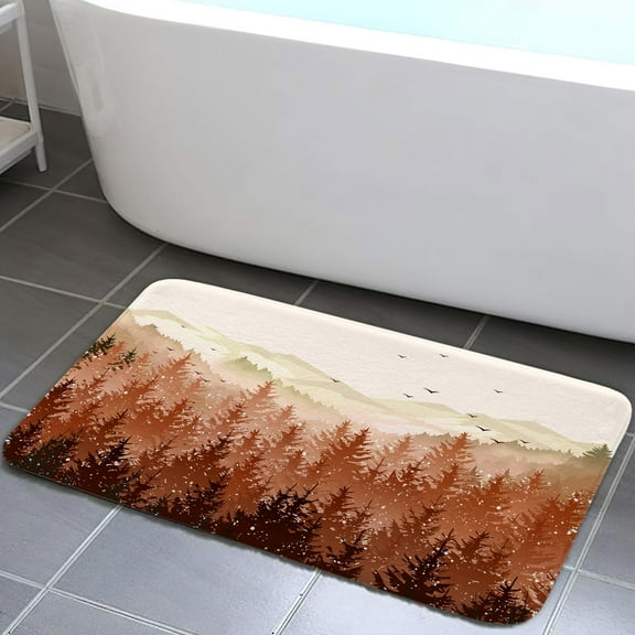 Orange Forest Mountain Bathroom Rug, Orange Misty Forest Tree Non Slip Soft Bath Mat, Nature Scenery Landscape Bath Rugs for Bathroom Living Room Bedroom Kitchen Indoor for Home Decor 17X29IN