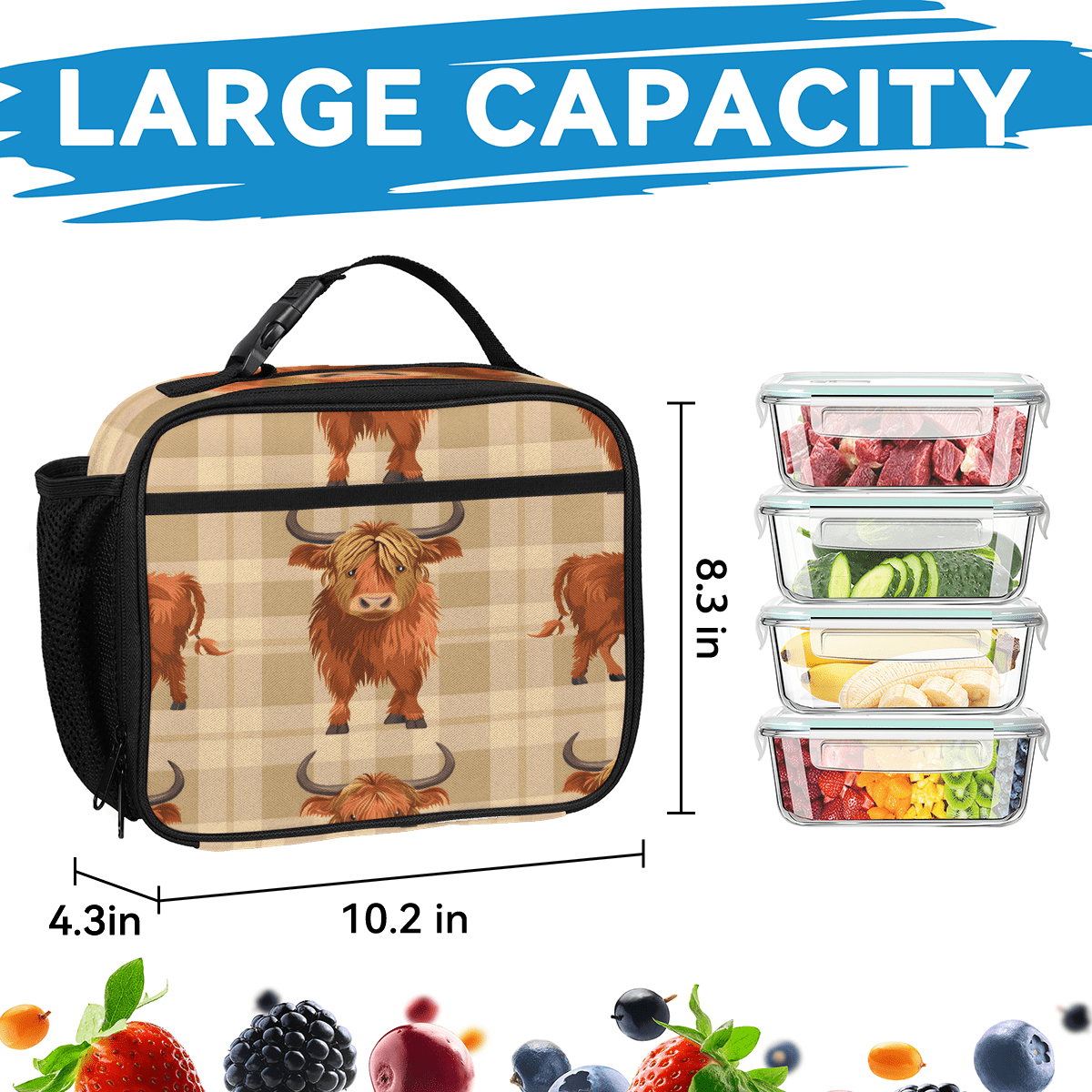 Herdesigns Cow Highland Large Backpack Set with Lunch Box Lightweight Water Resistant Travel Laptop Backpacks Casual Daypacks for Women Men