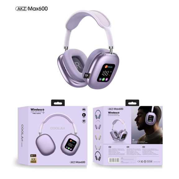 AKZ Max600 Wireless Over-Ear Headphones with Smart LED Display, Bluetooth HiFi Stereo Headset with ENC Noise Cancelling Mic, Soft Memory Foam Earcups for Travel, Work & Daily Use