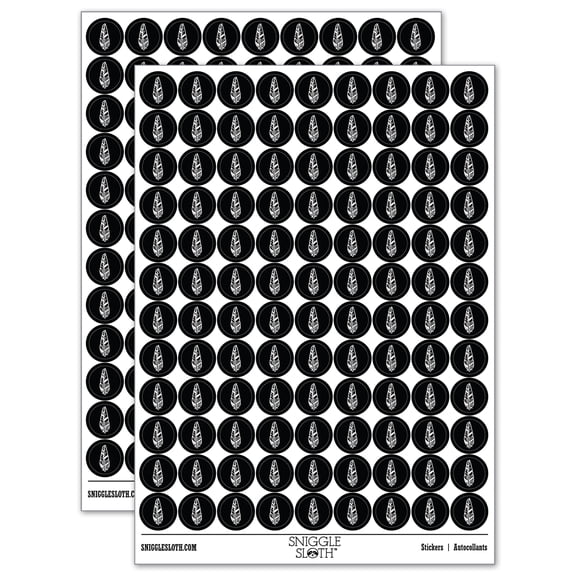 Hand Drawn Artsy Feather 200  Round Stickers - Black - Gloss Finish - 0.50" Size