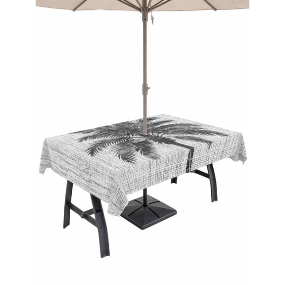 Outdoor Tablecloth with Umbrella Hole for Patio/Picnic/Party/Camping, Black Palm Tree Waterproof Table Cloth Rectangle Table Cover Washable, Tropical Summer Coastal Vintage Gray (60"x 84")