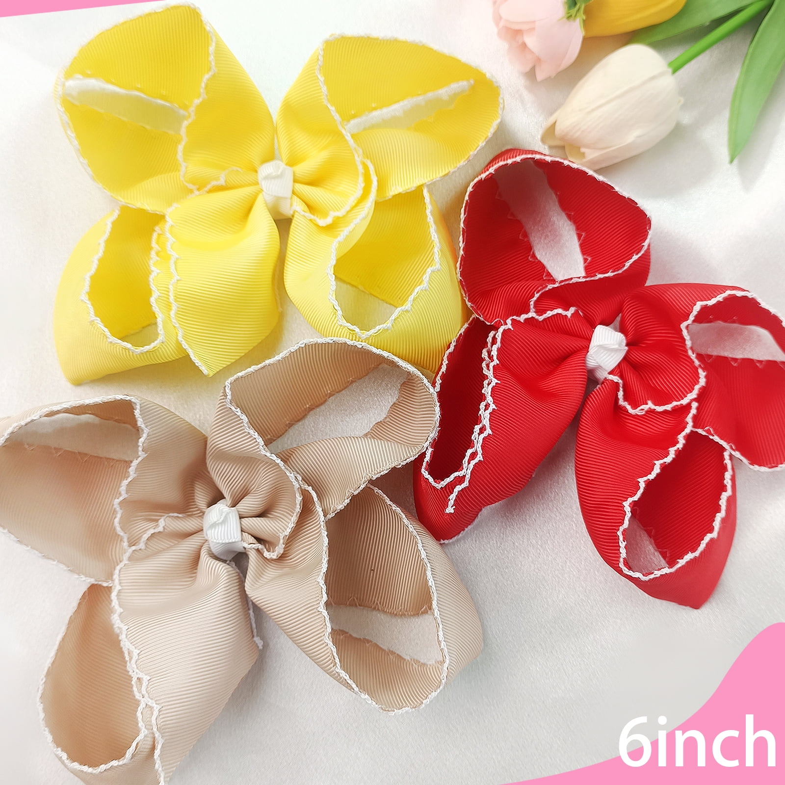 JoyBowie 12pcs 6 Inch Red Ruffled Hair Bows for Girls Toddlers, Satin Ribbon Hair Clips for Kids Party Daily Hairstyles