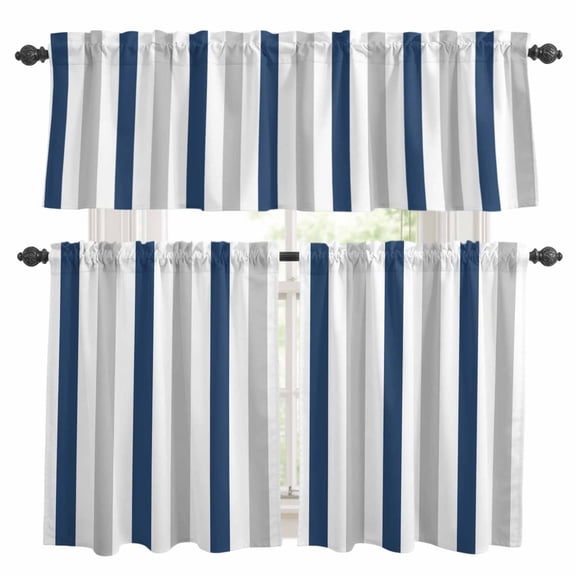 Navy Blue Striped Kitchen Curtains Sets for Windows 36 Inch Length, Geometric Grey White Vertical Stripes Rod Pocket Window Treatments Tier Curtains and Valances Set for Bedroom/Bathroom