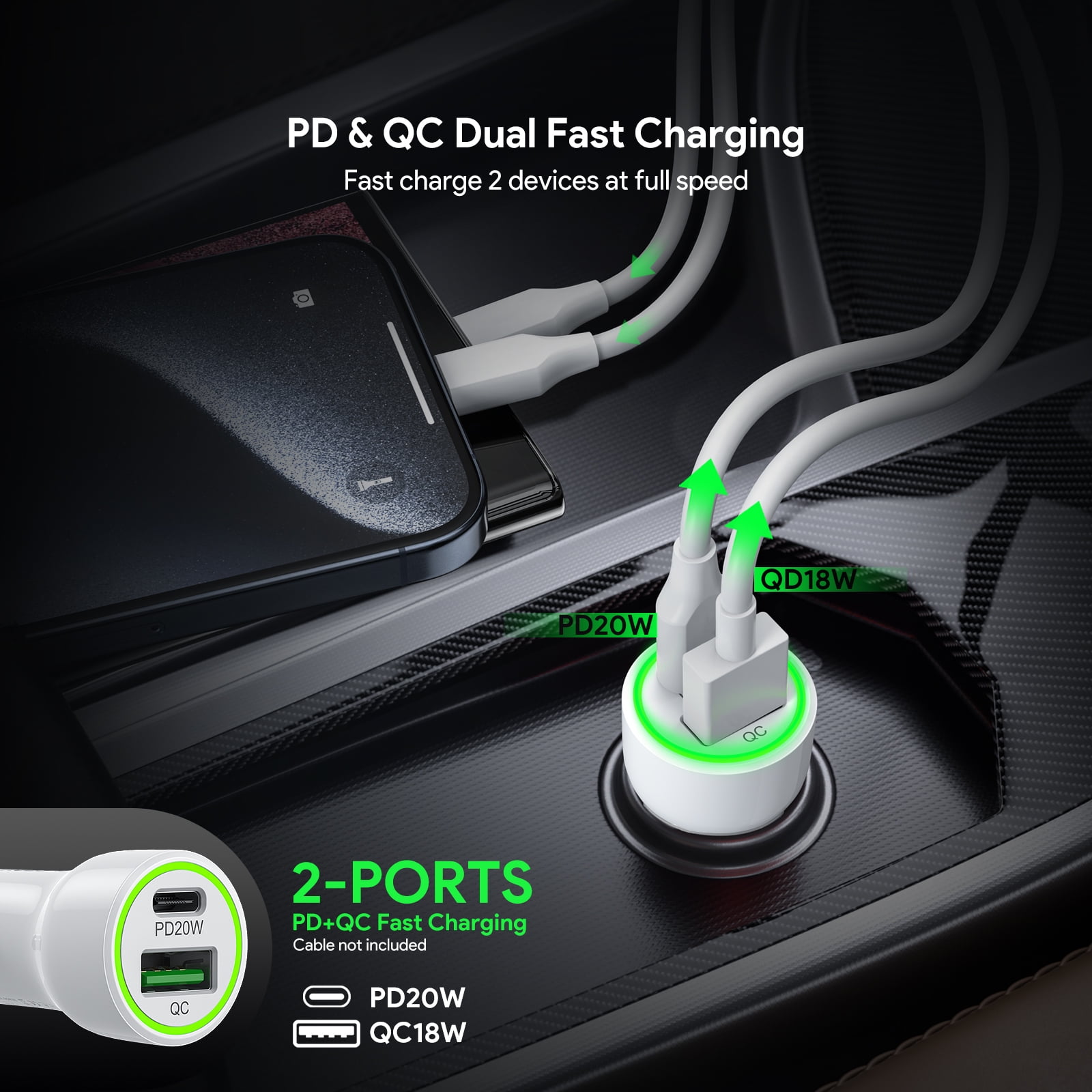 Compatible For Apple iPhone 17e 20W Car Charger Plus 20W Wall Charger with 2X C to C USB Cable Combo