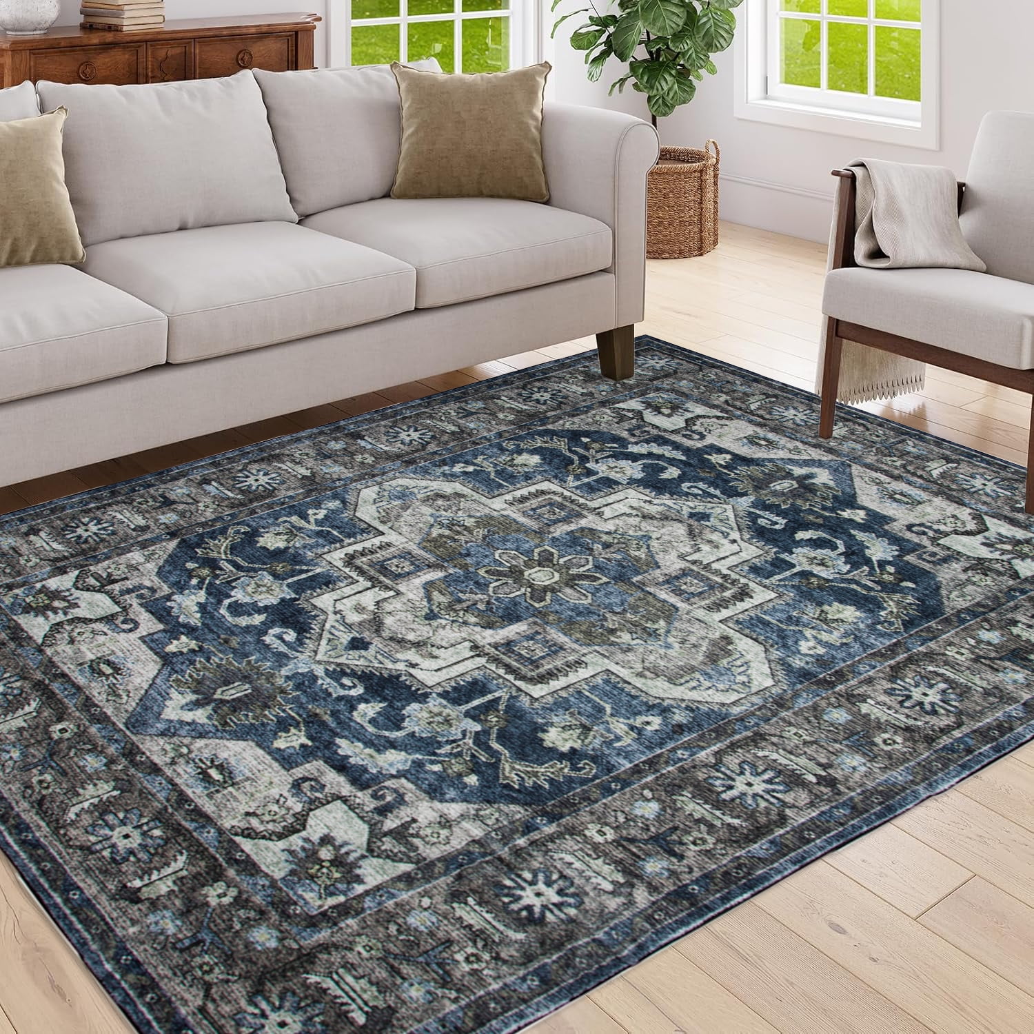 Yoneston 5' x 7' Vintage Bohemia Area Rug Machine Washable Bedroom Rug Soft Non-Slip with Printed Kitchen Mat for Living Room Playroom Dining Room Decoration, Dark Blue