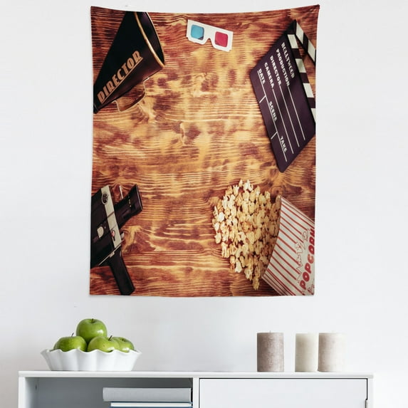 Movie Theater Tapestry, Retro Cinema Objects on a Wooden Table Top View Analog Vintage Technology, Fabric Wall Hanging Decor for Bedroom Living Room Dorm, 5 Sizes, Multicolor, by Ambesonne
