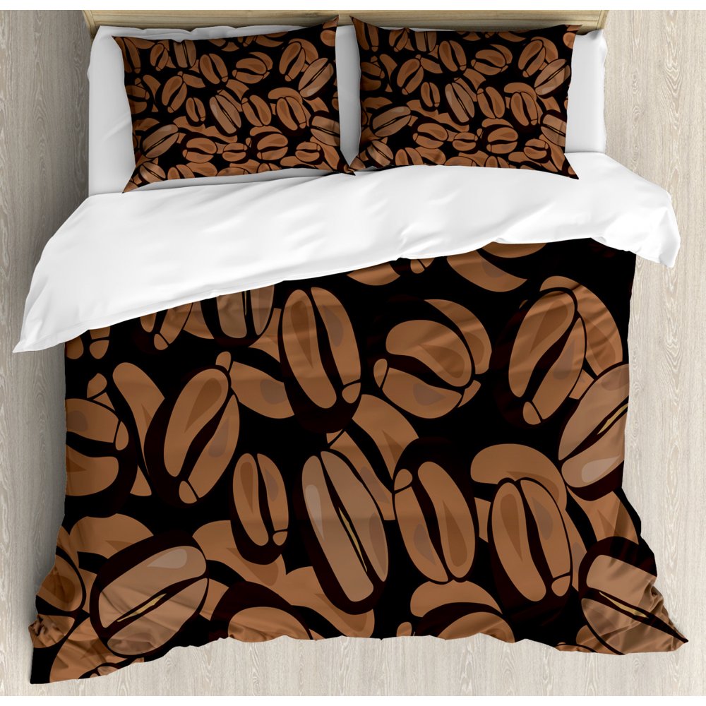 Coffee Duvet Cover Set, Graphic Image of Scattered Seeds Beans Mocha