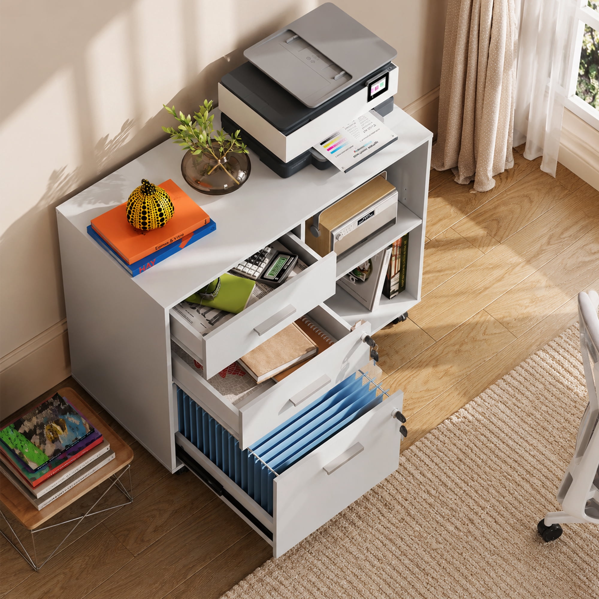 GALAXHERO 3-Drawer File Cabinet with Lock and Key, Mobile Wood Lateral Filing Cabinet & Printer Stand with Open Shelves for Home Office, White