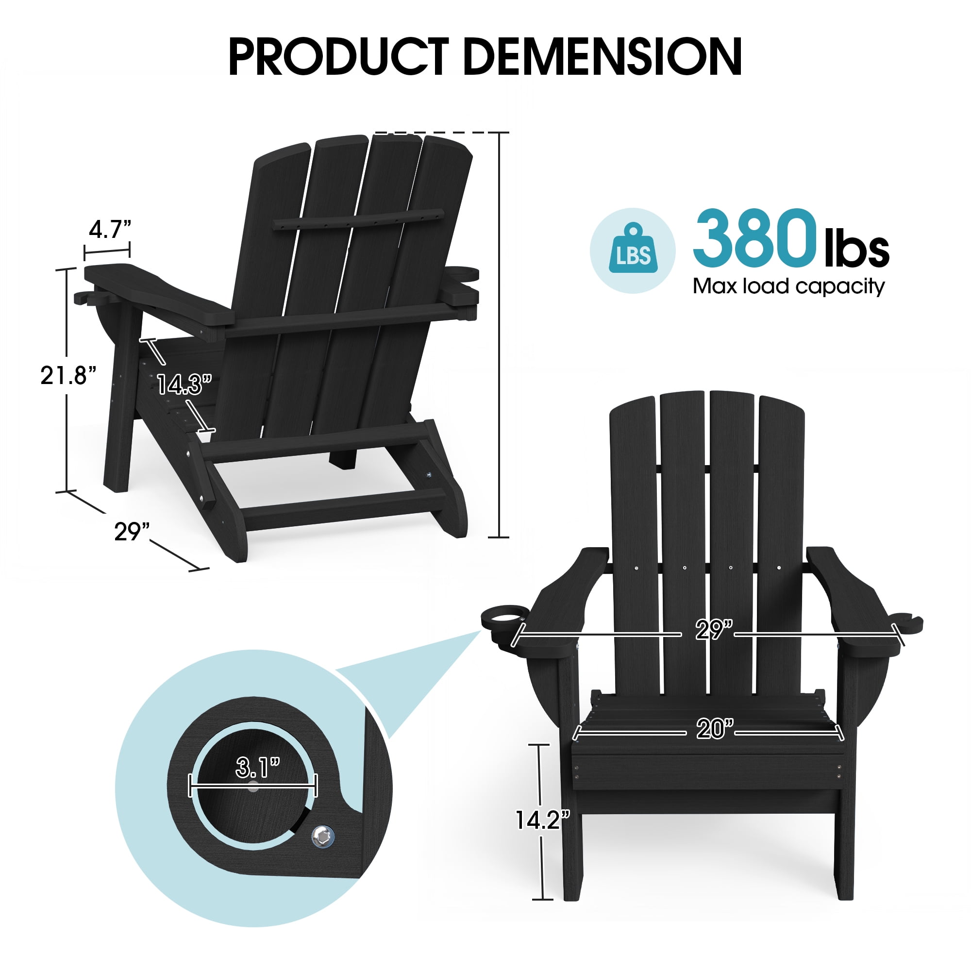 SUUNYN Folding Adirondack Chairs Set of 4, HDPE Patio Chairs, Black