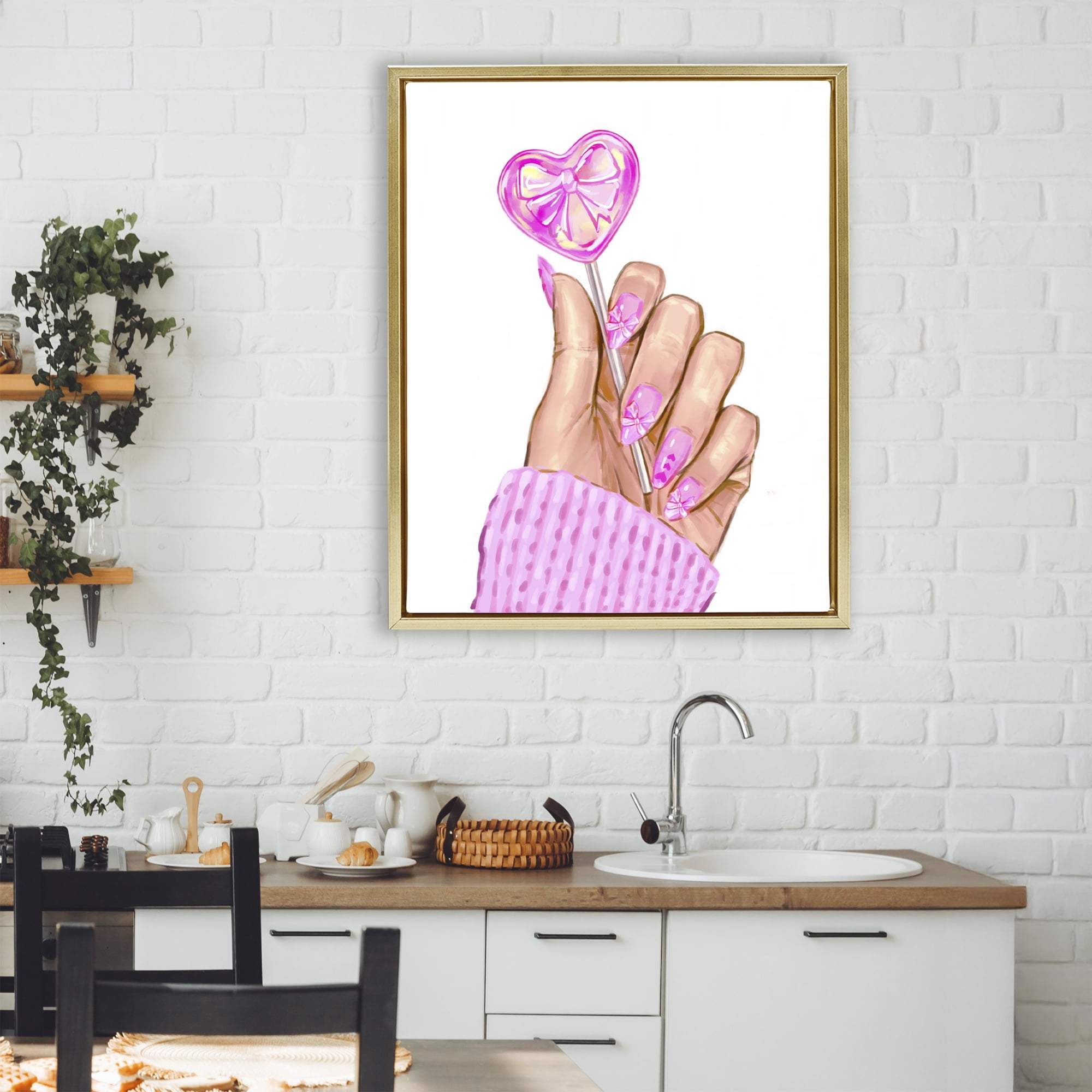 Pink Fashion Bow Lollipop Gold Framed Floater Canvas Wall Art, design by Ziwei Li