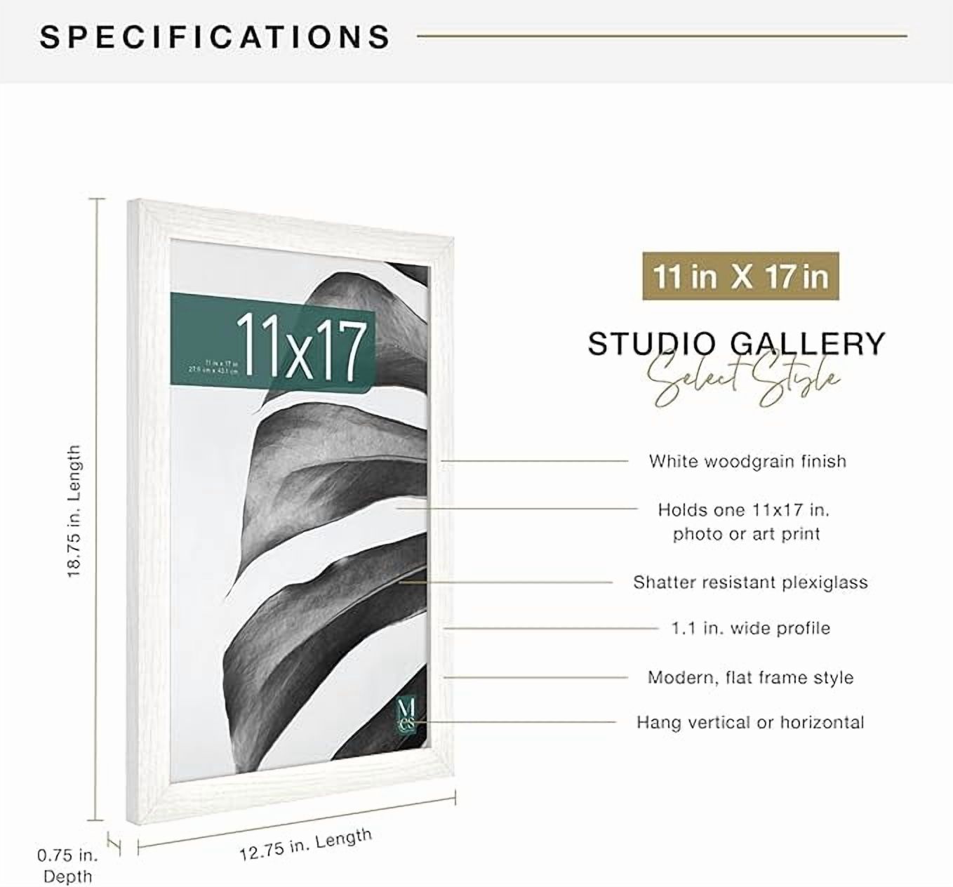 MCS Studio Gallery 11x17 Picture Frame White Woodgrain, Rectangle Photo Frame for Photos, Posters & Art Prints (1-Pack)