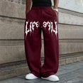 thumbnail image 3 of Men's Gothic Letter Graphic Wide Leg Sweatpants Elastic Waist Drawstring Loose Fit Hip Hop Street Casual Baggy Trousers for Everyday Outfit Wine 2XL, 3 of 5