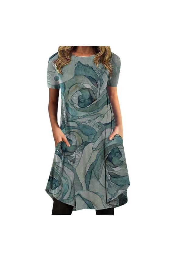 Dresses for Women Vintage Graphics Irregular Hem Pocket Tunic Knee-Length Dresses Round Neck Short Sleeve Western Print Summer Midi Formal Dress Blue XXL
