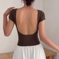thumbnail image 5 of Women's U-Shaped Backless Short-Sleeve Tops Solid Color Boat Neck Base T-Shirt Bodycon Casual Tees Yoga Workout Tops Coffee, 5 of 7