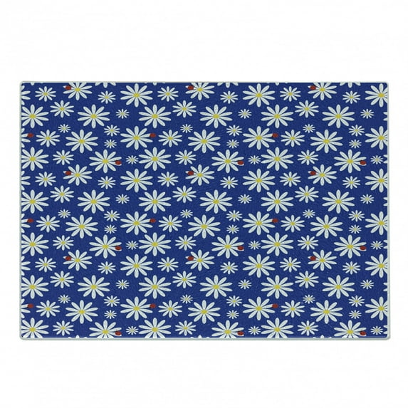 Ladybugs Cutting Board, Daisies Pattern with Spring Bugs Blooming Nature Illustration, Decorative Tempered Glass Cutting and Serving Board, Small Size, Vermilion Navy Blue, by Ambesonne