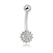 AVORA 10K White Gold Simulated Diamond CZ Open Flower Belly Button Ring Body Jewelry (14 Gauge)