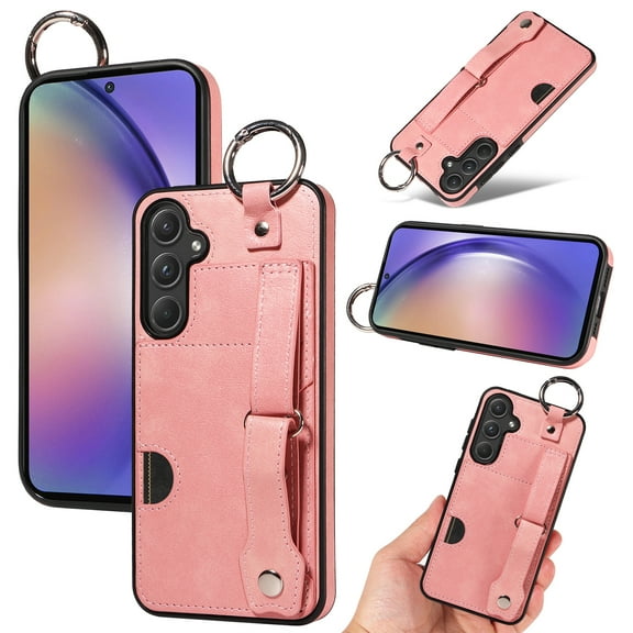 for Samsung Galaxy A14 5G Wallet Case with Card Holder, Hand Wrist Strap Loop Holder Kickstand, Finger Grip Ring PU Leather Double Buttons Shockproof Soft TPU Cover for Galaxy A14 5G, Pink
