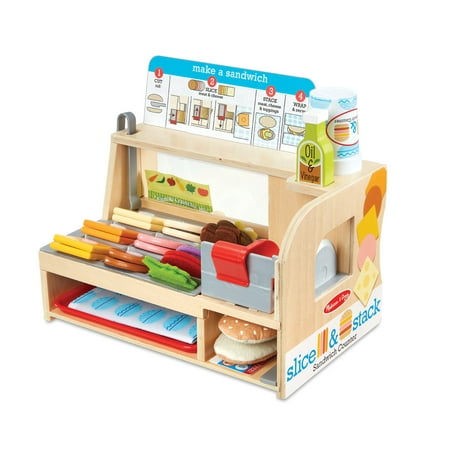 Melissa & Doug Wooden Slice & Stack Sandwich Counter with Deli Slicer – 56-Piece Pretend Play Food Pieces