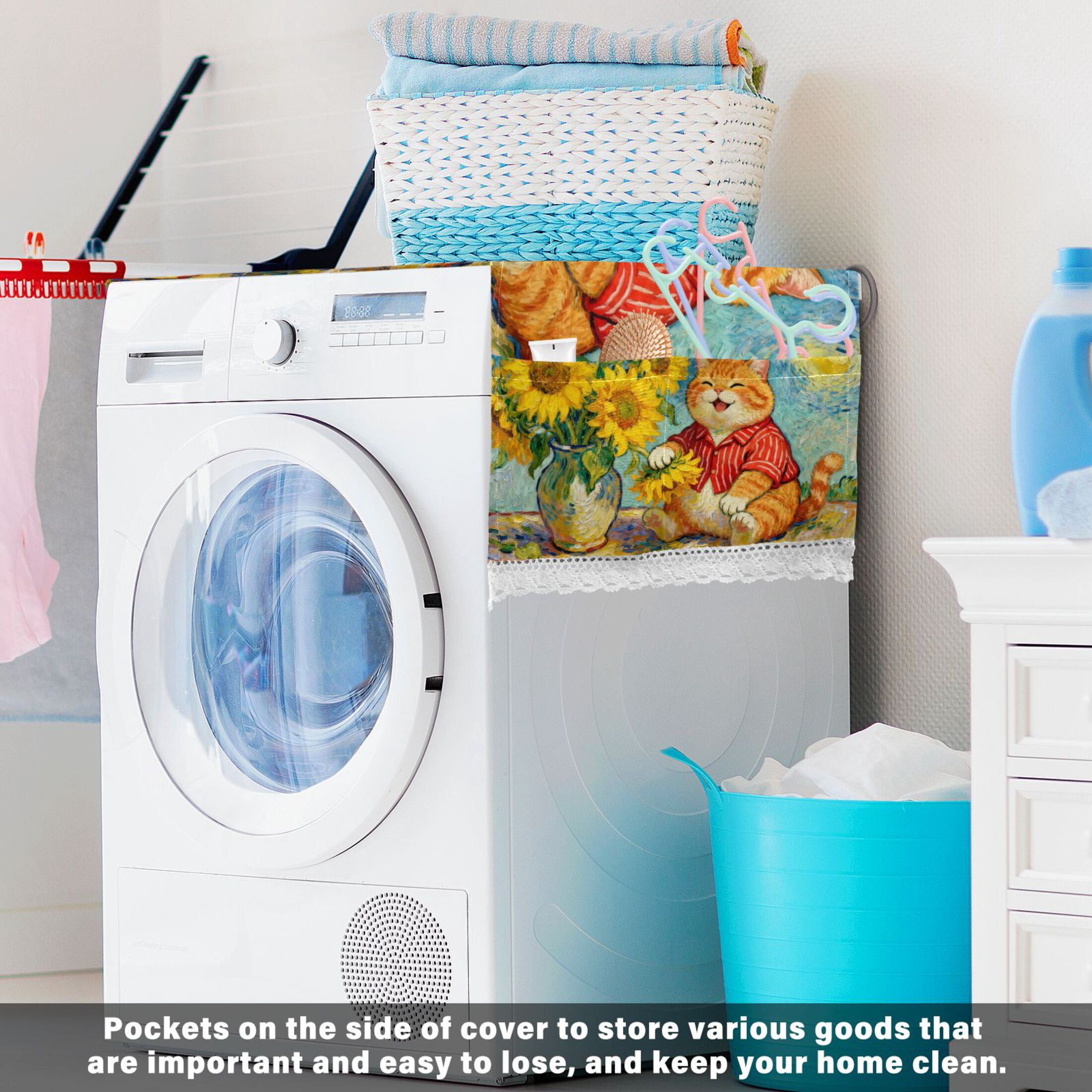 Wobogo Sunflower Orange Cat Washing Machine Cover Dustproof Washer Dryer Cover Waterproof Laundry Room Decorative Protector