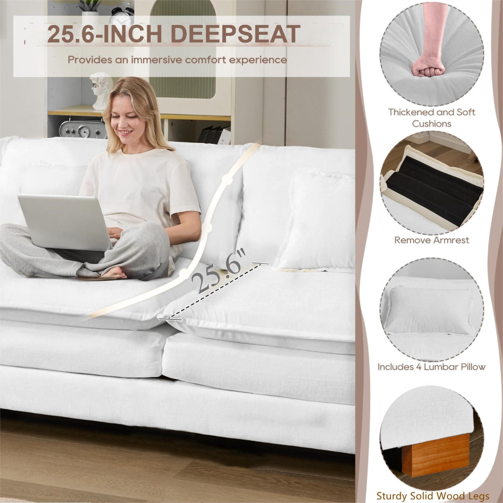 Aukfa 113" Sectional Sofa Couch with 4 Lumbar Pillows&Dual Layer Cushions, Chenille, Beige