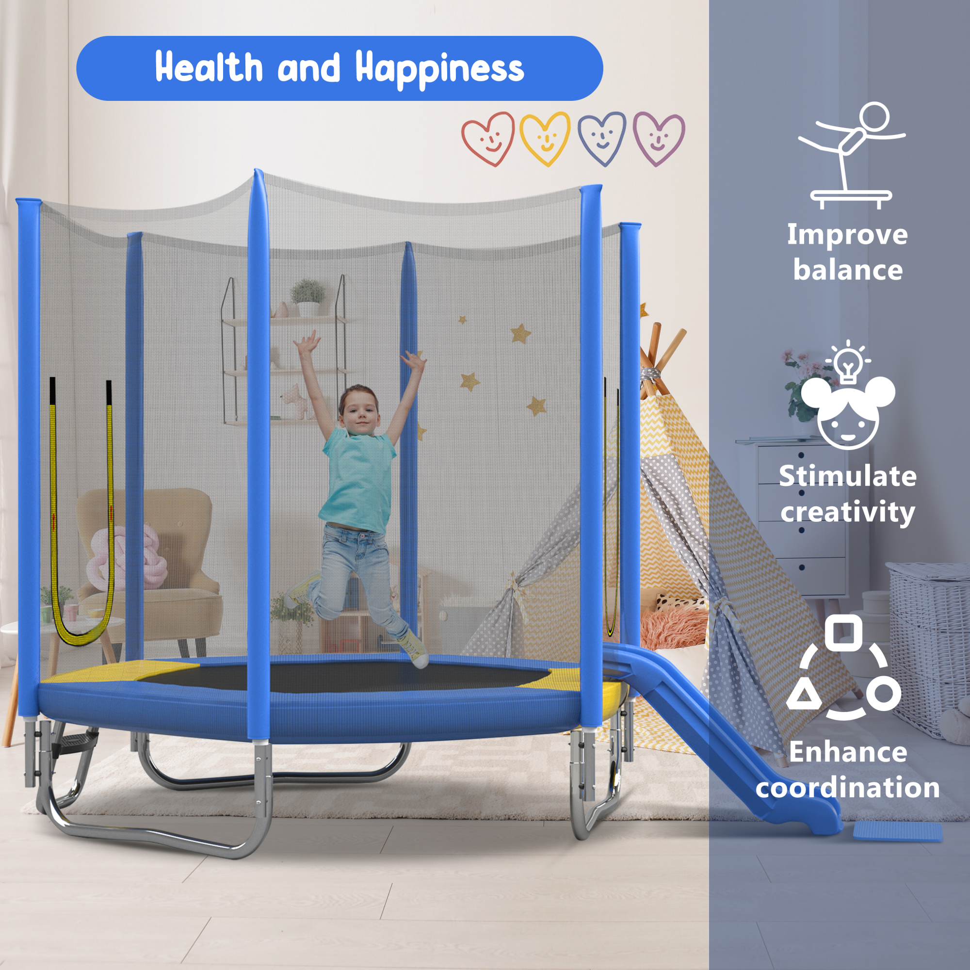7FT Trampoline for Kids,Outdoor Recreational Trampoline with Safety Enclosure Net,Blue