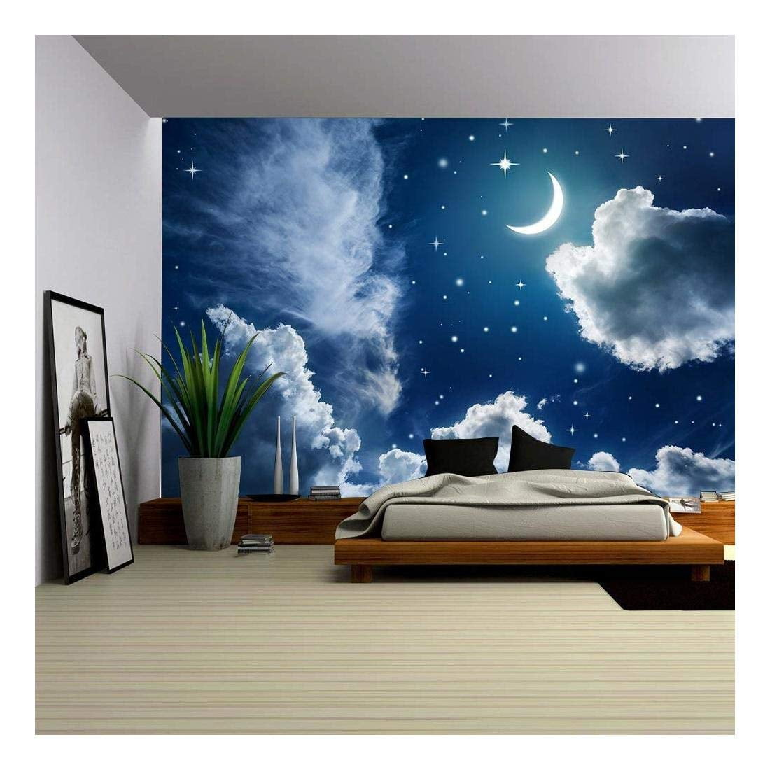 Wall26 Night sky with stars and moon - Removable Wall Mural | Self-adhesive Large Wallpaper ...