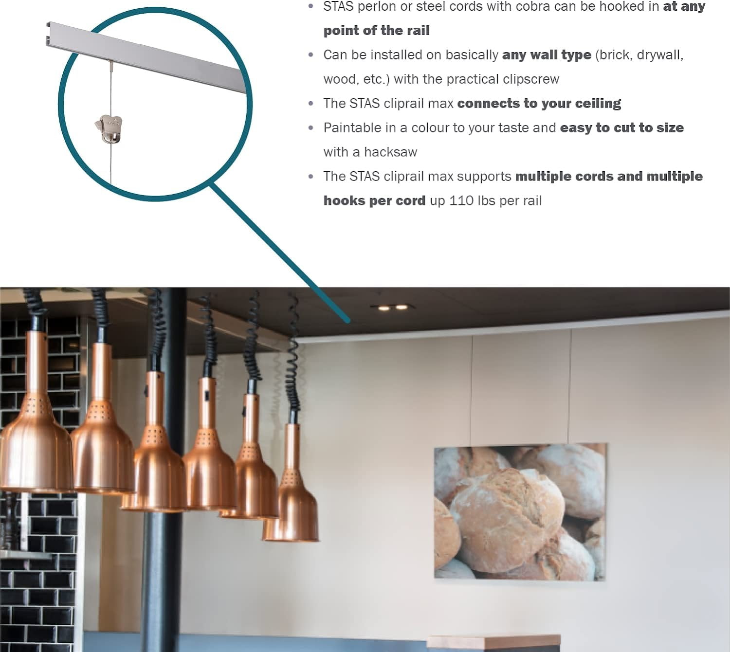STAS Cliprail Max Picture Hanging System Set White - Rail System for Art and Pictures Without Nails - Mirror Track System - Covers 4.92ft 150 cm of Wall Space + Installation Kit
