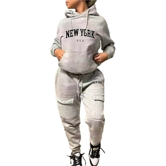 Gibobby Conjunto de sudadera informal para mujer Sudadera informal con estampado de para mujer, traje deportivo de dos piezas con múltiples bolsillos(Gris,M)