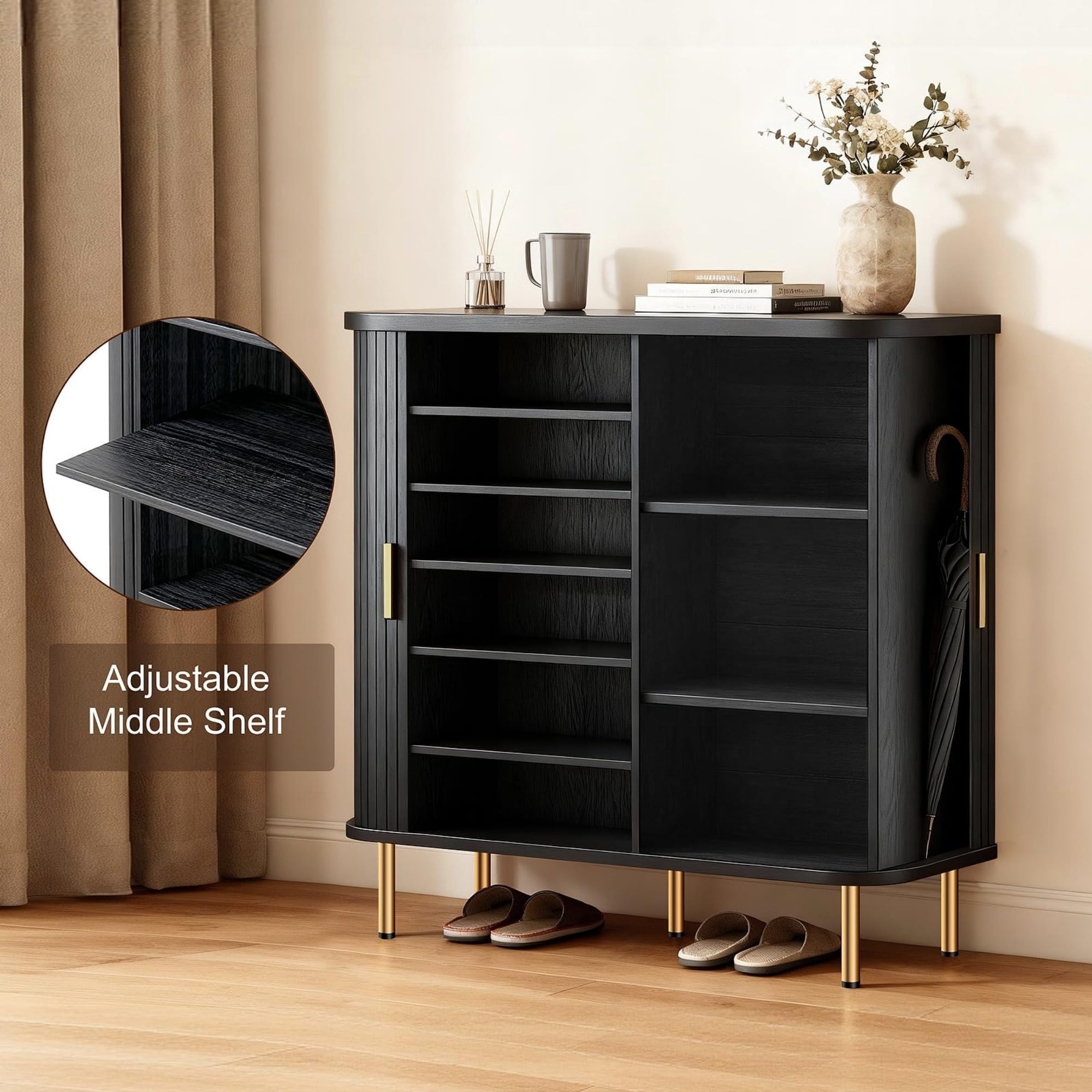 47.24"W Shoe Storage Cabinet with Sliding Door, 6 Tier Adjustable Shoe Rack, Mid Century Modern Entryway Organizer, Black