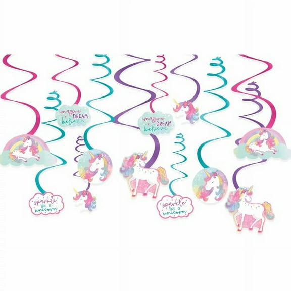 Unicorn 'Enchanted Unicorn' Foil Hanging Swirl Decorations (12ct)