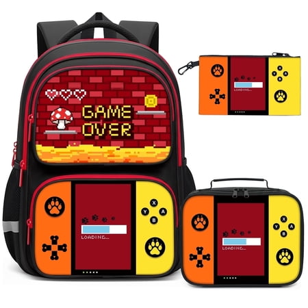 Gaming Backpack Set - 3pcs School Bookbag with Lunch Box and Pencil Case, Big 17 Inch Video Game Themed Backpack for Middle Elementary Grade Teen Boys Students