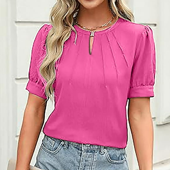 Meichang Summer T Shirts for Women Dressy Casual Work Office Tees Trendy Keyhole Crew Neck Short Sleeve Tee Shirts Solid Pleated Front Tee Tops
