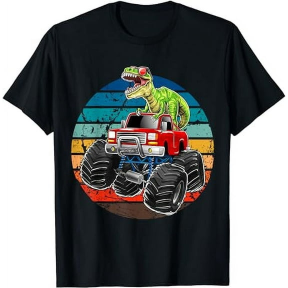 Retro Monster Truck Dinosaur Vintage Sunset Gift for Boys T-Shirt