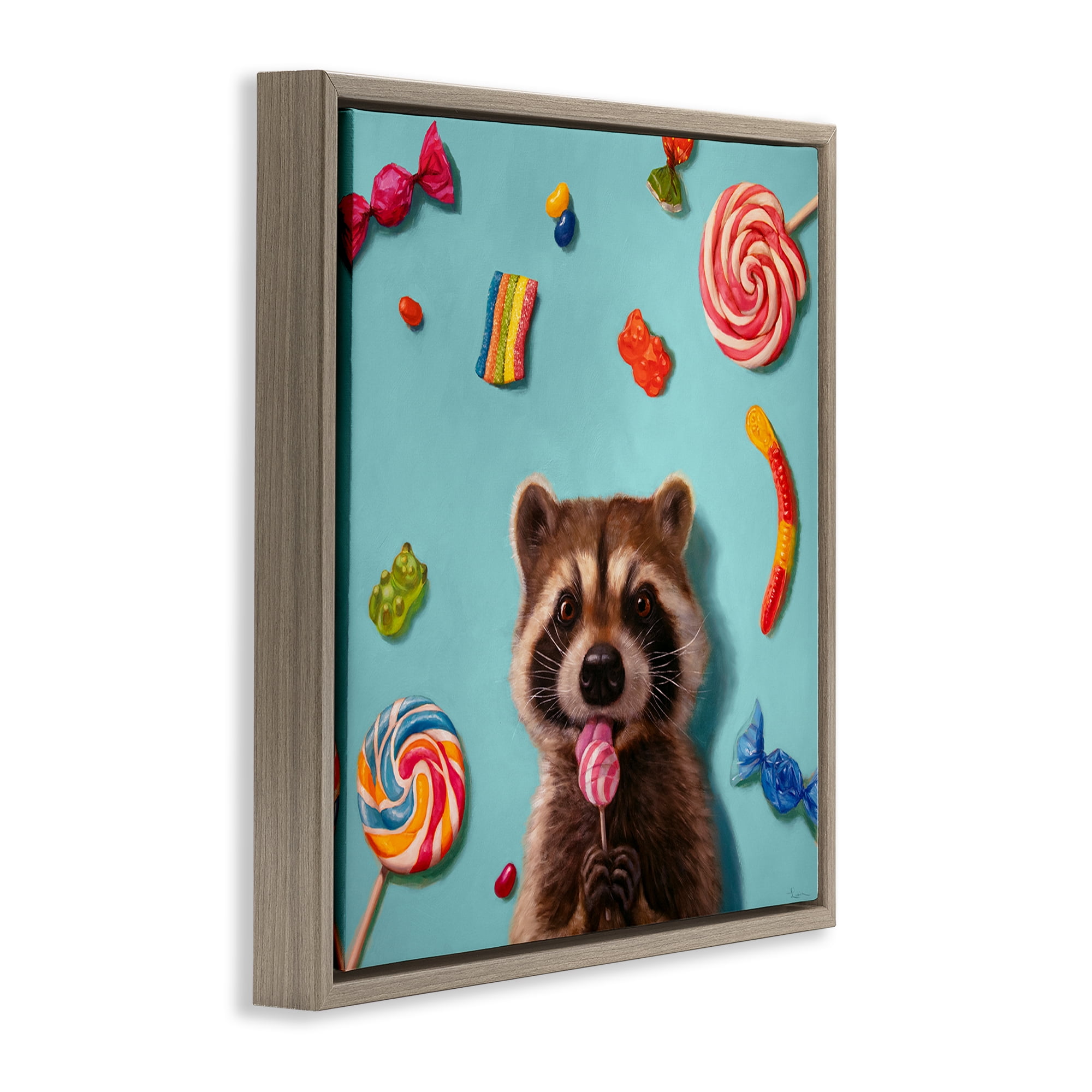 Stupell Industries Raccoon & Sweets Candies Food & Beverage Painting Brown Floater Framed Canvas Art Print Wall Art, 18 x 18