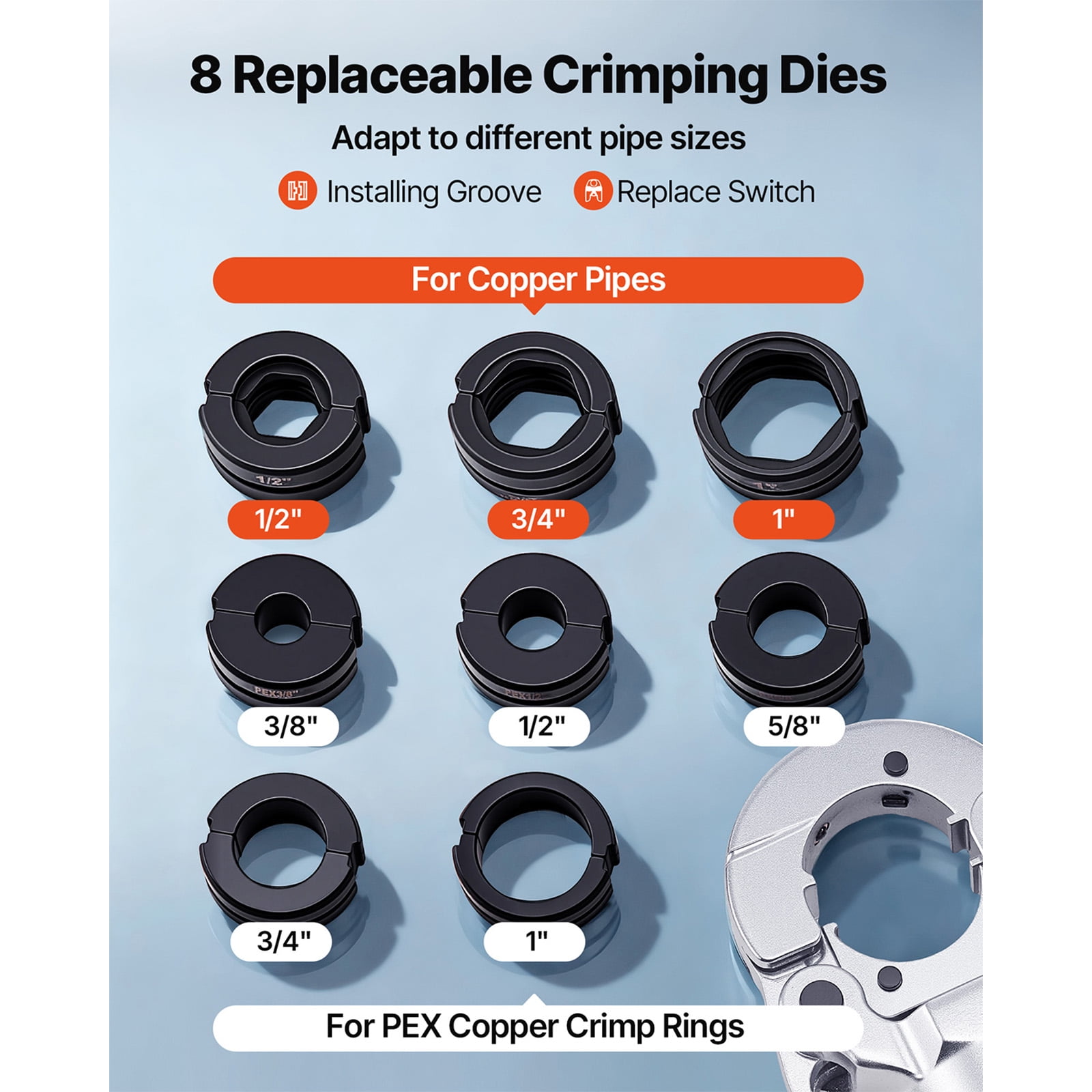 KFFKFF Hydraulic Copper Pipe Crimping Tool with Multiple Jaws for Copper Tubes and PEX Pipes - Includes Carrying Case