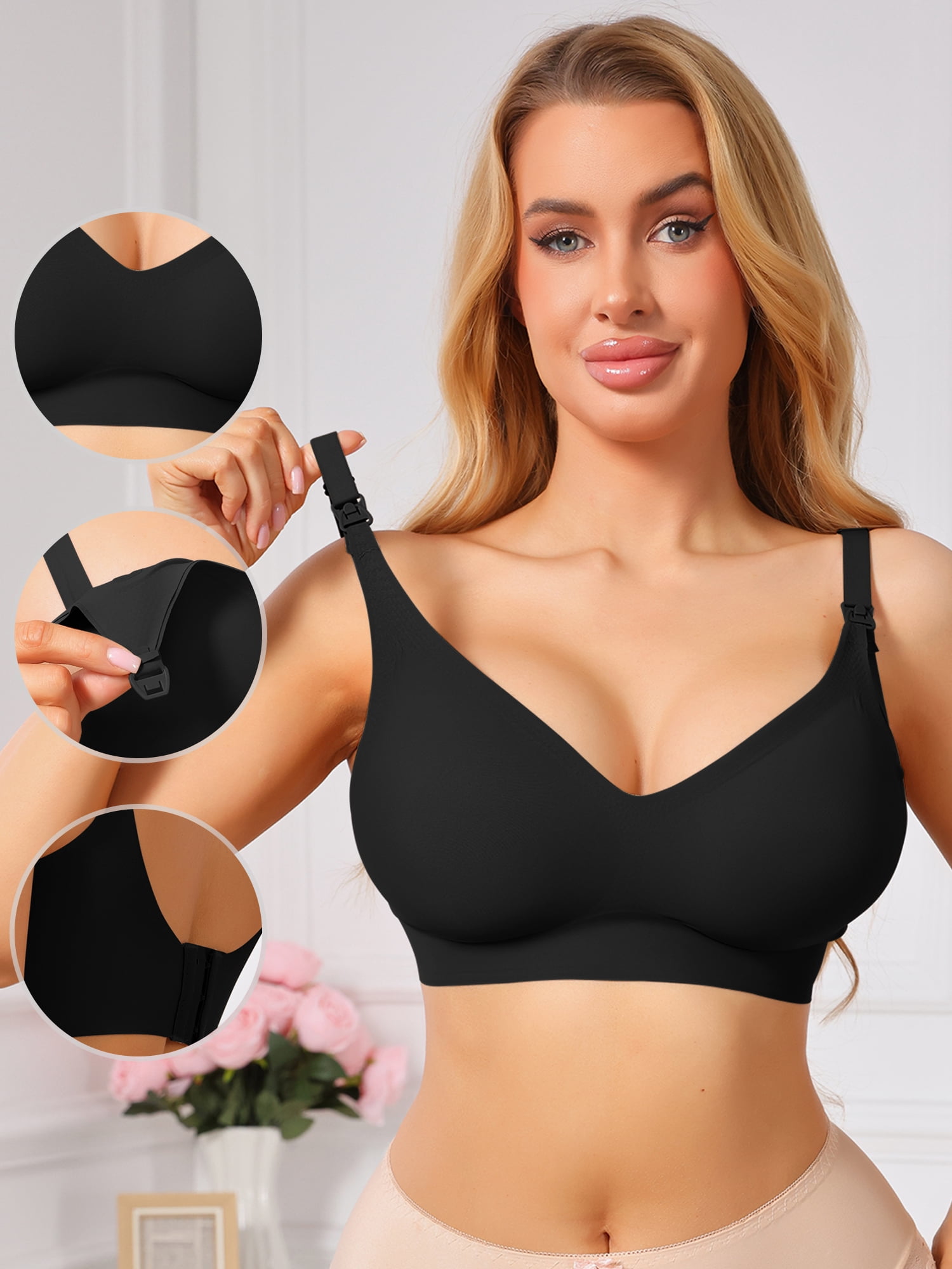 DARING DIVA Women's Seamless Wireless Nursing Bra with Beastfeeding Clasp XL Black