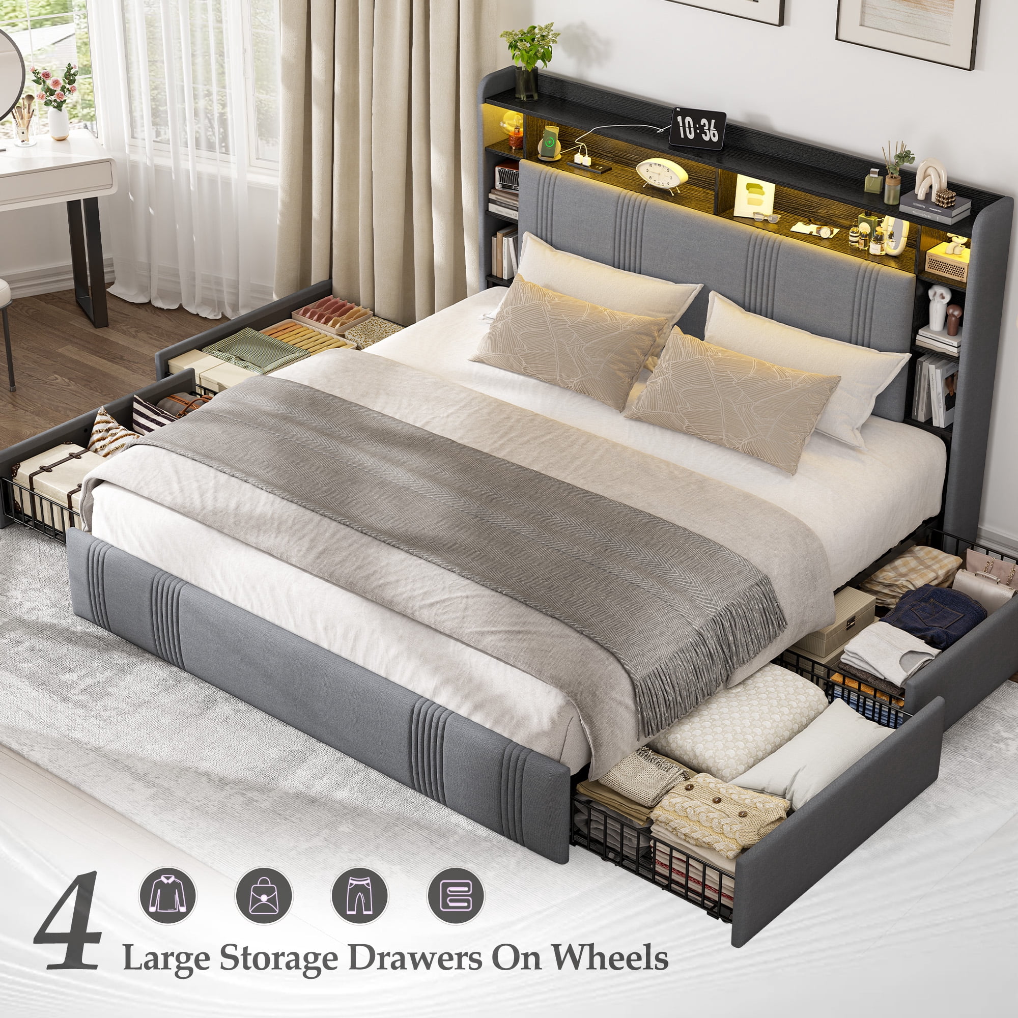 EnHomee King Size Bed Frame with 4 Drawers & 3-Tier Storage Shelf Upholstered Bed Frame King with Headboard & LED Lights & Charge Station,Gray