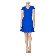 BETSEY JOHNSON Womens Blue Ruffled Zippered Short Sleeve V Neck Short Fit + Flare Party Dress Size 2