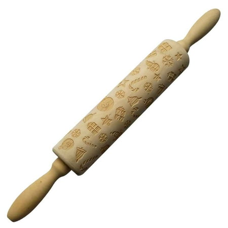Embossed Wood - Christmas Clearance Wooden Rolling Pin Engraved Carved Wood Embossed Baking Cookies Biscuit Fondant Roller 38cm