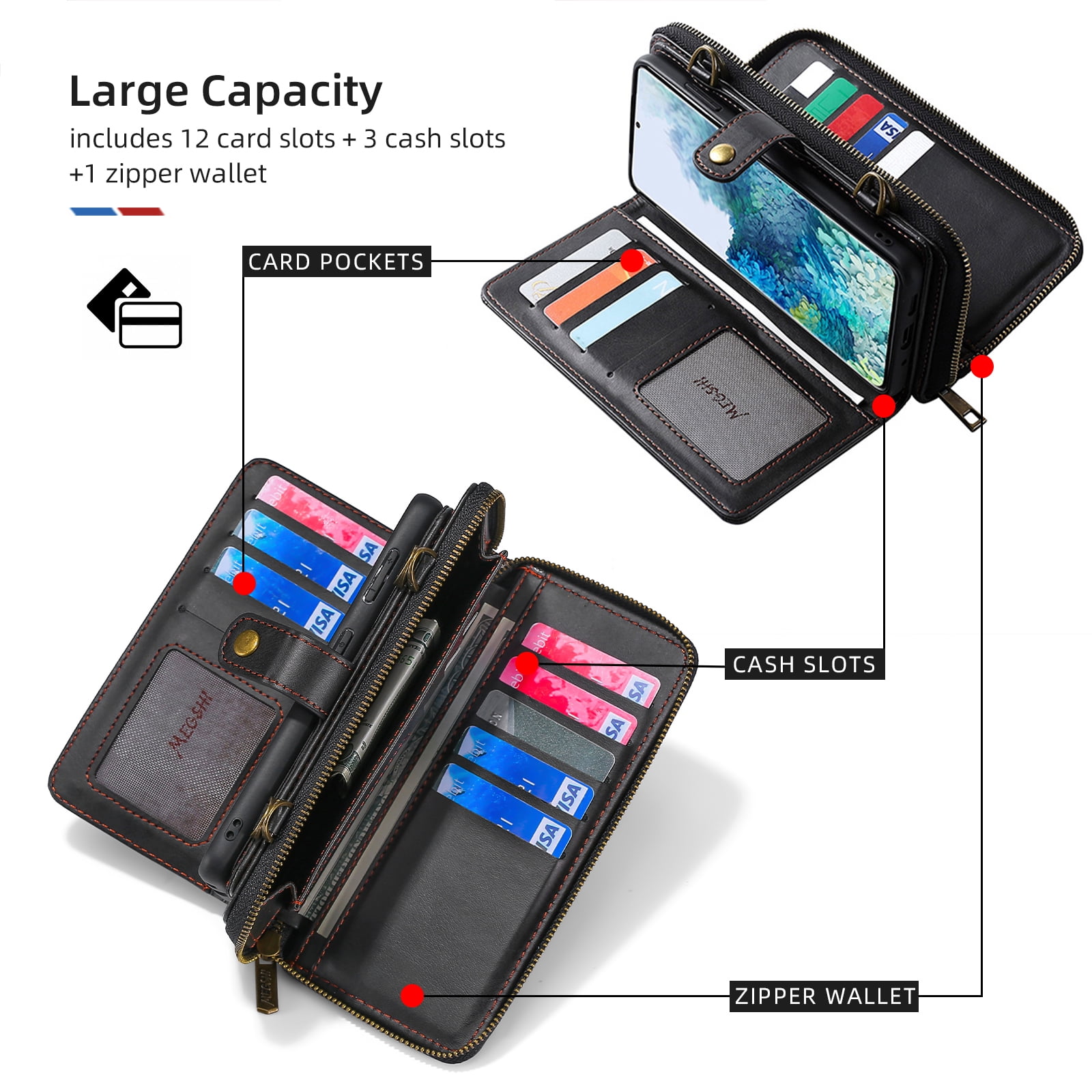 Galaxy S22 Wallet Case Premium Leather Flip Zipper Detachable Magnet Wallet Stand Card Holder Case with Crossbody Lanyard Strap Zipper Pocket Cover for Samsung Galaxy S22 6.1 inch 2022,Black
