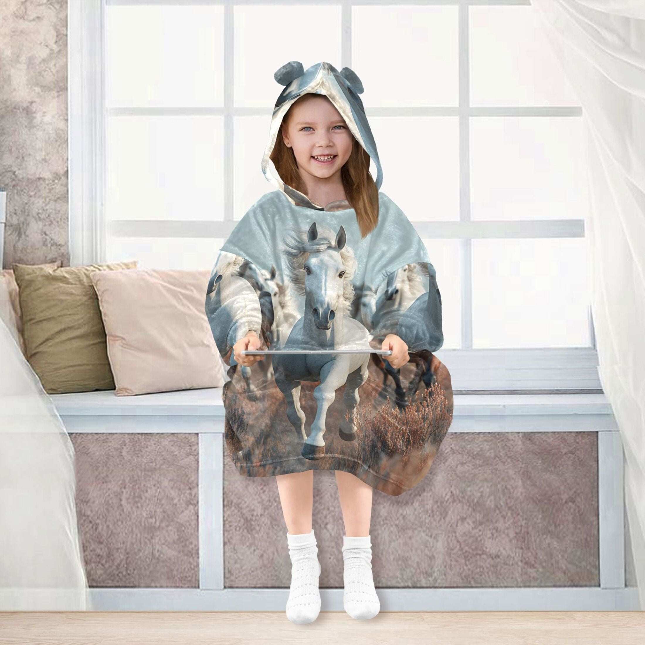 joogoo Wearable Blanket Hoodie 3d Horses Running for Flannel Sherpa Pocket 3-14 YR L