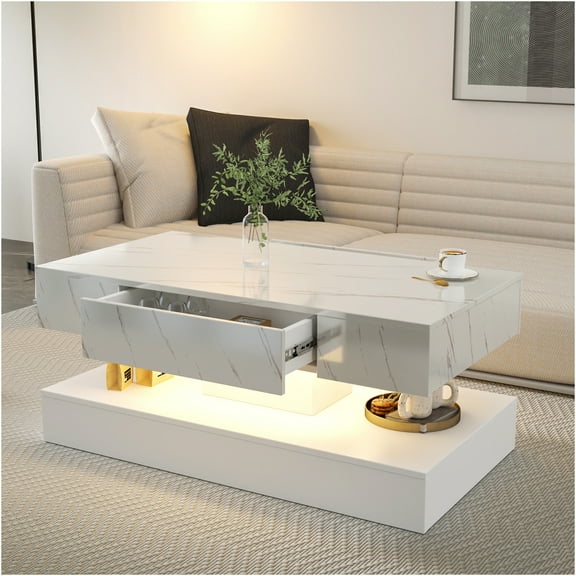 JERFIT Modern LED Coffee Table with Remote Control, RGB Color Changing Lights, Storage Drawer for Living Room, Bedroom, White Marble Finish