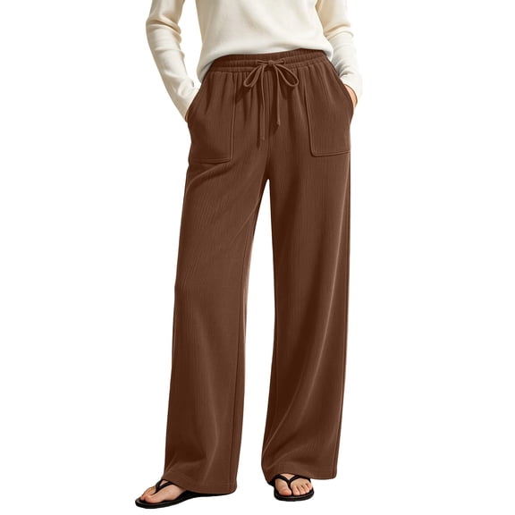 Luvrsol Women Corduroy Wide Leg Pants Elastic Drawstring Waist Loose Straight Casual Long Trousers with Side Pockets S-3XL