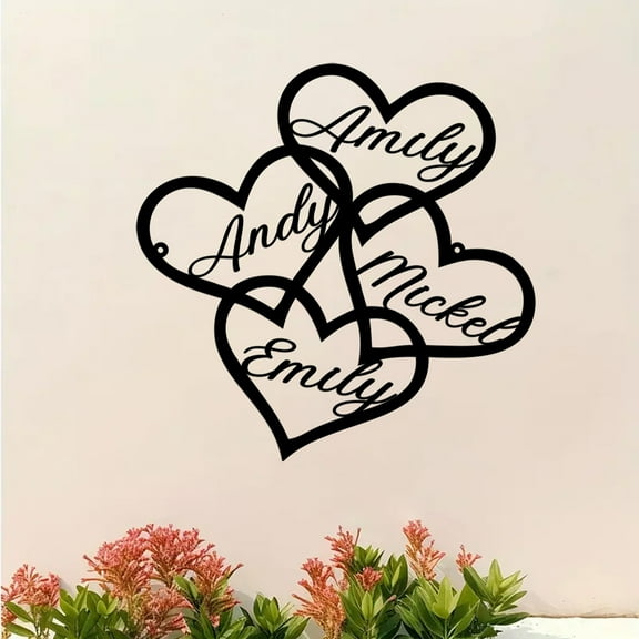 Custom Personalized Family Name Metal Art, 4 Hearts design, Door Hanger, Housewarming Gift, Family name Monogram, Anniversary