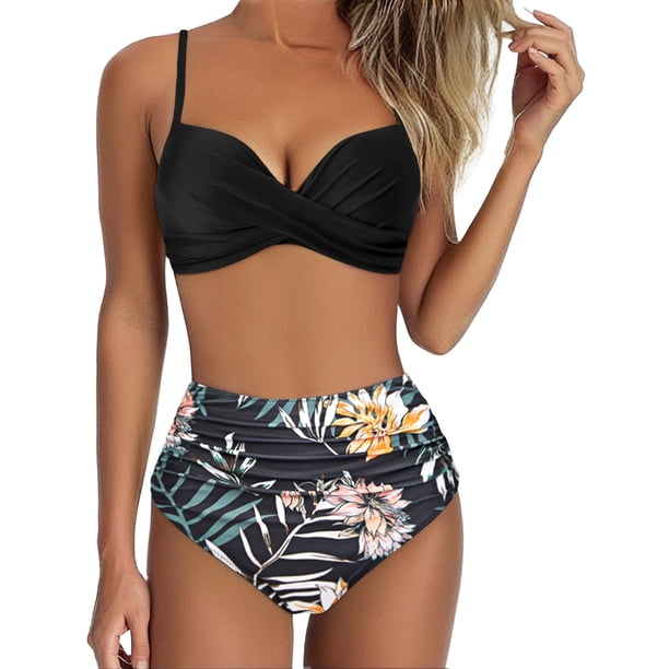 MKLEKYY Trajes De Baño Mujer Women High Waisted Bikini Sexy Push Up Two Piece Swimsuits Vintage Swimsuit Two Piece Retro Ruched High Waist Print Bikini Set 2790