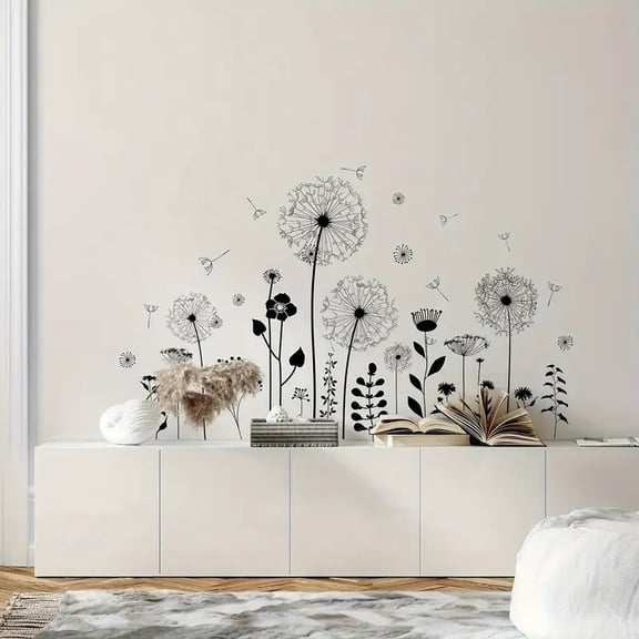 2pcs Soft Black Dandelion Wall Stickers, Attractive Flying Flower Butterfly Stickers Wall Art Stickers for Bedroom, Living Room, Office, Sofa Wall Decoration