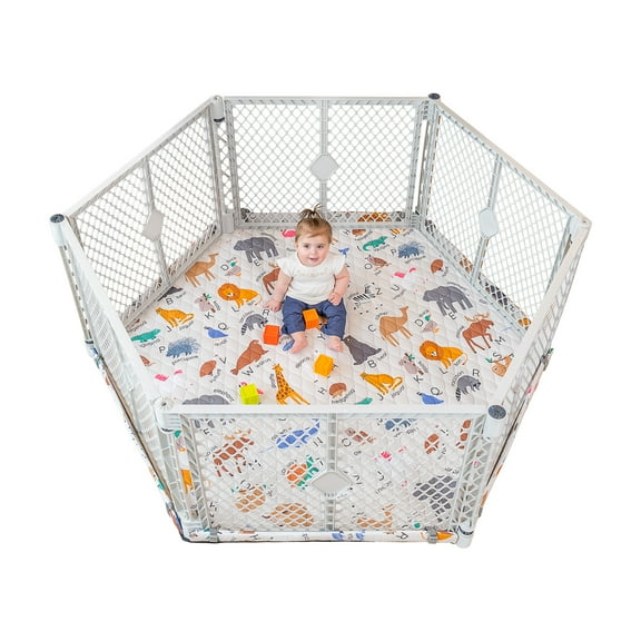 Toddleroo by North States 6-Panel Superyard Nook with SecureMat, Animal ABC, Light Gray